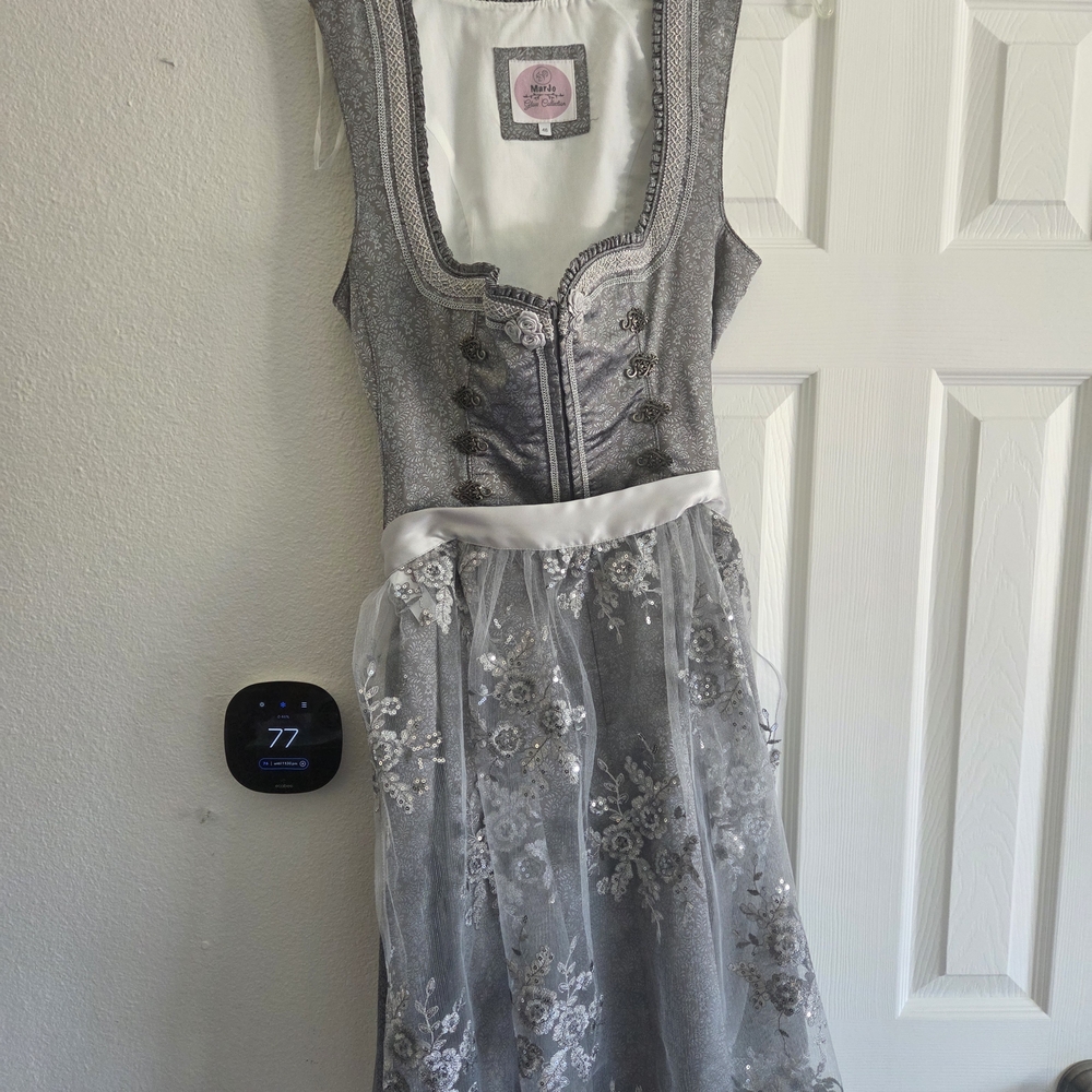 Marjo Silver Embroidered Dirndl Dress with Satin Waist
